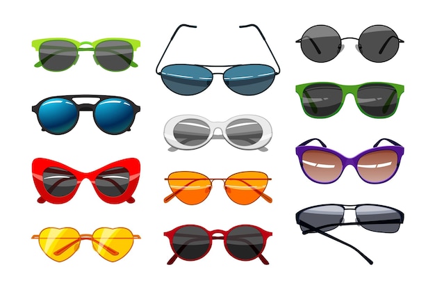Conjunto de óculos de sol na moda. Ilustrações vetoriais de óculos retrô e modernos com diferentes formas e cores. Coleção de acessórios dos desenhos animados para proteção dos olhos do sol isolado no branco. Conceito de moda