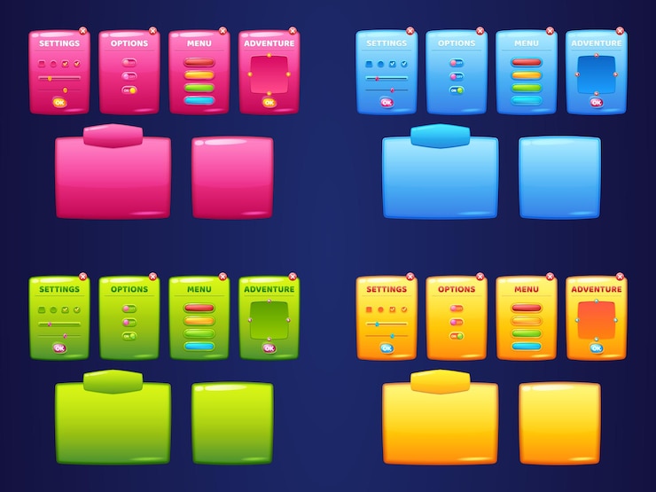 Vetor grátis conjunto de opções de desenhos animados do windows da interface do menu do jogo