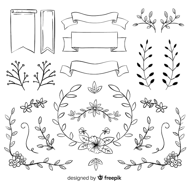 Conjunto de ornamentos decorativos de casamento mão desenhada