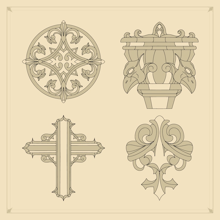 Vetor grátis conjunto de ornamentos góticos desenhados à mão