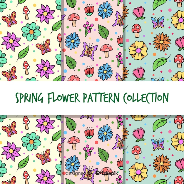 Conjunto de padrão floral de primavera dos desenhos animados