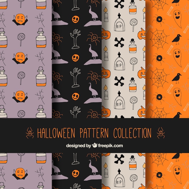 Vetor grátis conjunto de padrões com desenhos de halloween