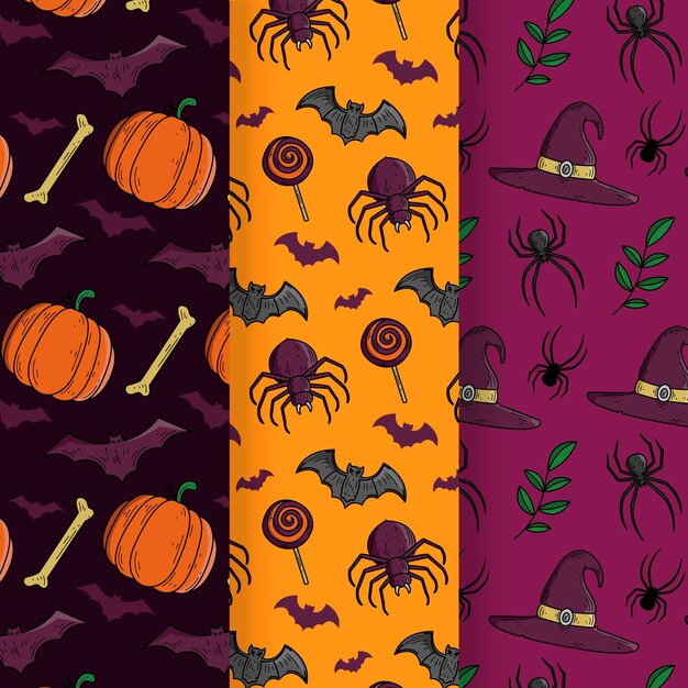 Conjunto de padrões de halloween desenhado à mão