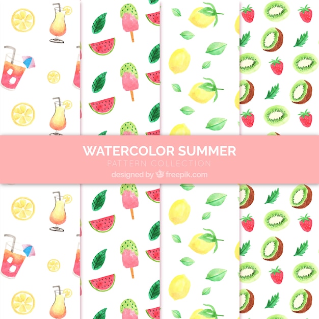 Conjunto de padrões de verão com deliciosos frutos em estilo aquarela