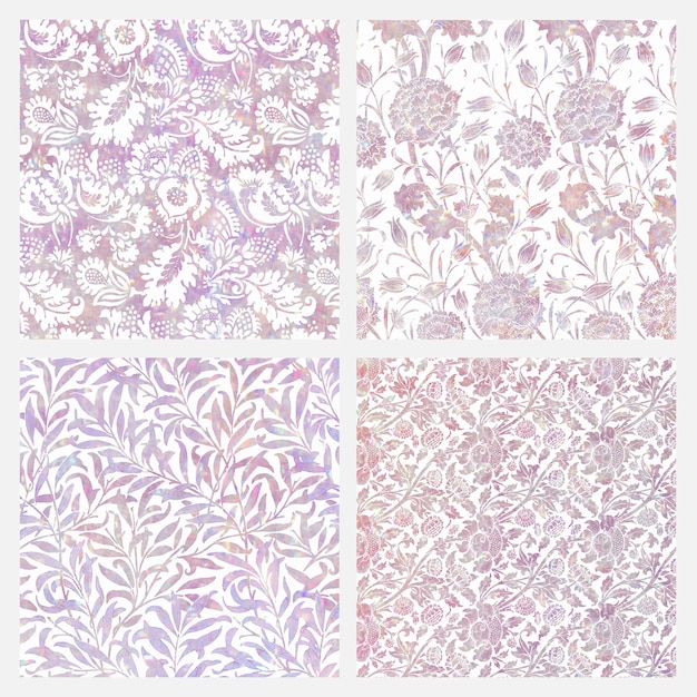Conjunto de padrões de vetores florais holográficos vintage remixados de obras de arte de William Morris