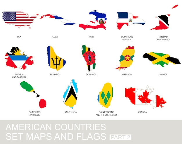 Conjunto de países americanos, mapas e bandeiras, parte 2 Vetor Premium