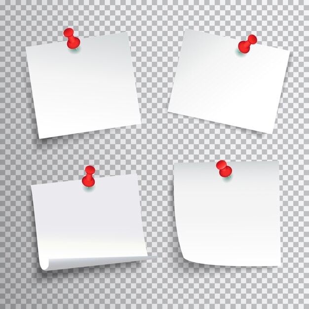 Conjunto de papel branco em branco, fixado com pinos vermelhos na ilustração em vetor isoladas realista fundo transparente