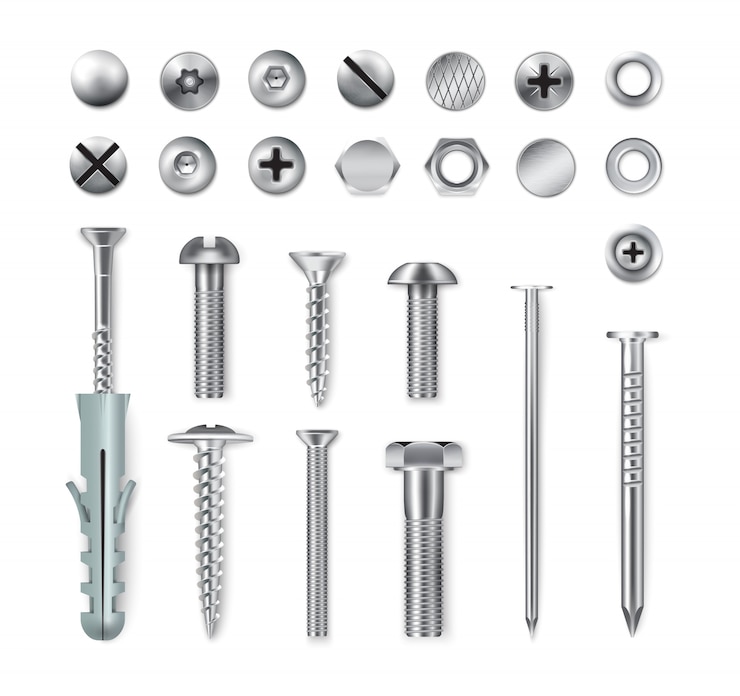 Vetor grátis conjunto de parafusos de itens de fixação metal realista parafusos porcas pregos isolados no branco