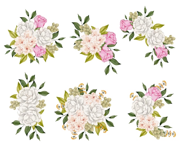 Conjunto de partes separadas e reunir um lindo buquê de flores em estilo de cores de água em ilustração vetorial de fundo branco