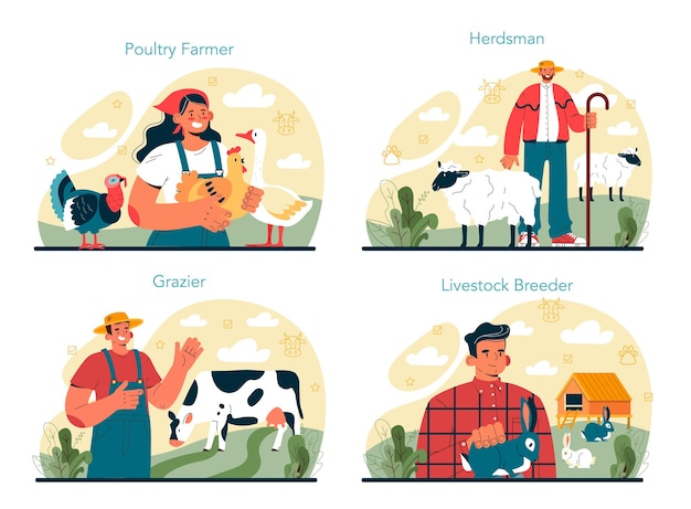 Conjunto de pastor com animais domésticos. pastor cuidando de ovelhas, vacas, galinhas e coelhos. fazenda de criadores de gado. ilustração vetorial plana