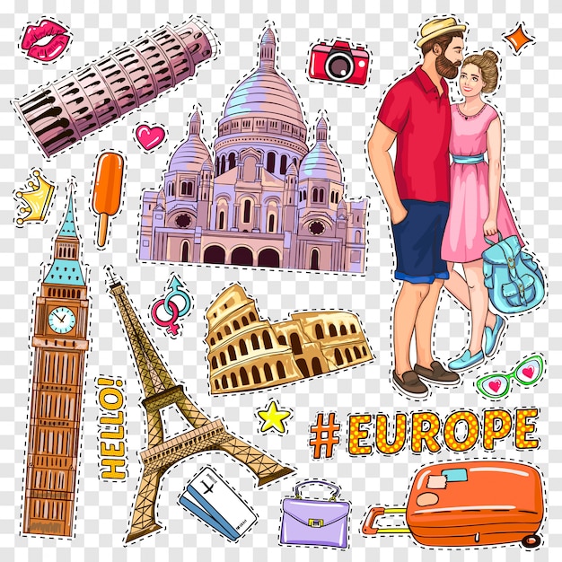 Vetor grátis conjunto de patches de pop art de viagens
