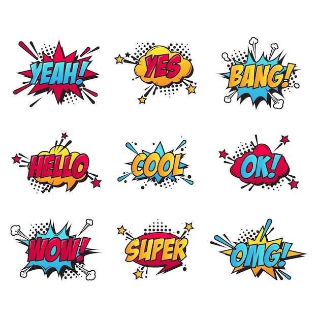 Conjunto de patches de texto em quadrinhos de desenhos animados