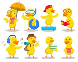 Vetor grátis conjunto de pato amarelo fofo no tema de atividade de verão com personagem de desenho animado, ilustração vetorial