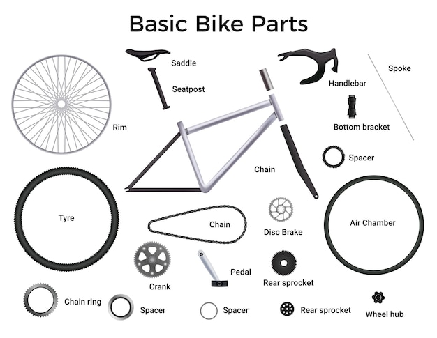 Vetor grátis conjunto de peças de bicicletas realistas com ilustração isolada