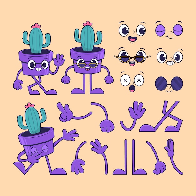 Conjunto de peças de desenho animado retrô desenhadas à mão