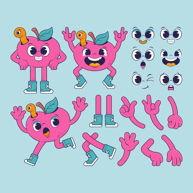 Conjunto de peças de desenho animado retrô desenhadas à mão