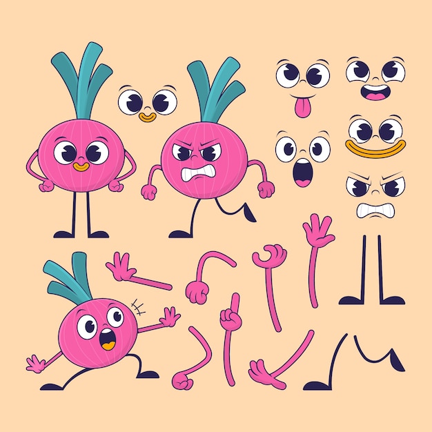 Conjunto de peças de desenho animado retrô desenhadas à mão