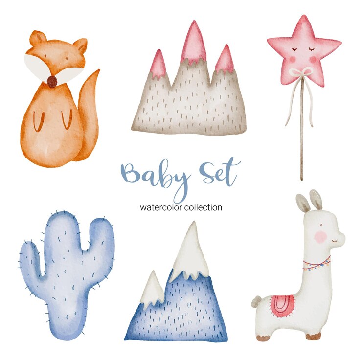 Vetor grátis conjunto de peças separadas e reunidas em lindas roupas, itens para bebês e brinquedos no estilo aquarela, ilustração em aquarela