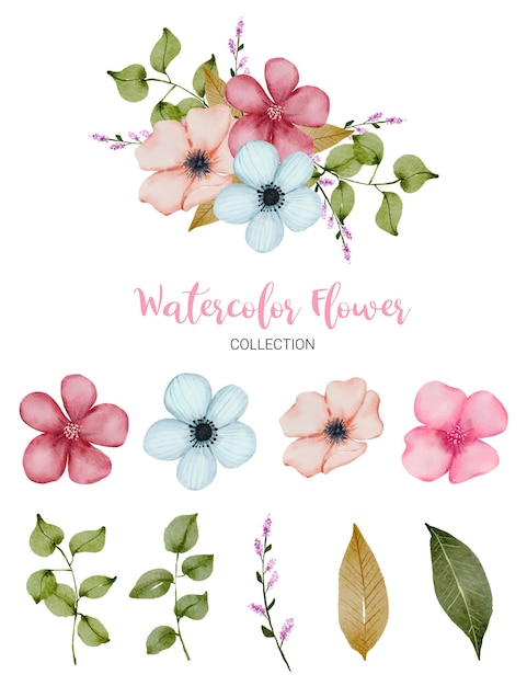 Conjunto de peças separadas e reunidas em um lindo buquê de flores em estilo aquarela