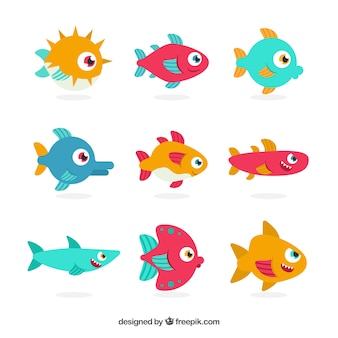 Conjunto de peixes coloridos em estilo simples