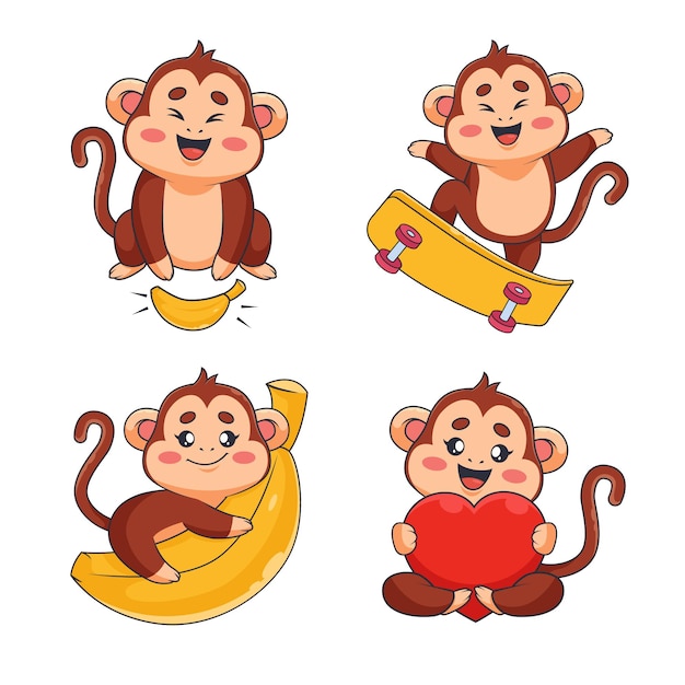 Conjunto de pequenos macacos de desenho animado com skate de coração de banana