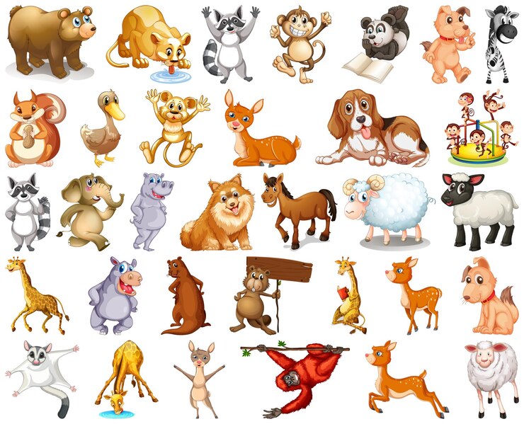 Vetor grátis conjunto de personagem de desenho animado de animais