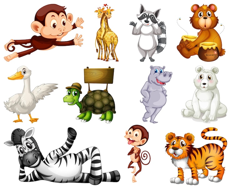 Vetor grátis conjunto de personagem de desenho animado de animais
