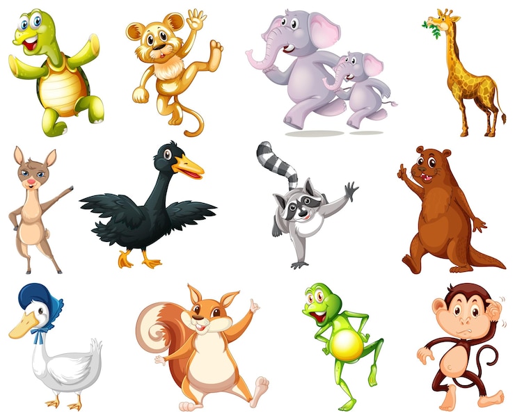 Vetor grátis conjunto de personagem de desenho animado de animais