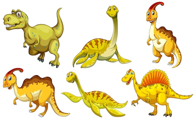 Vetor grátis conjunto de personagem de desenho animado de dinossauro amarelo