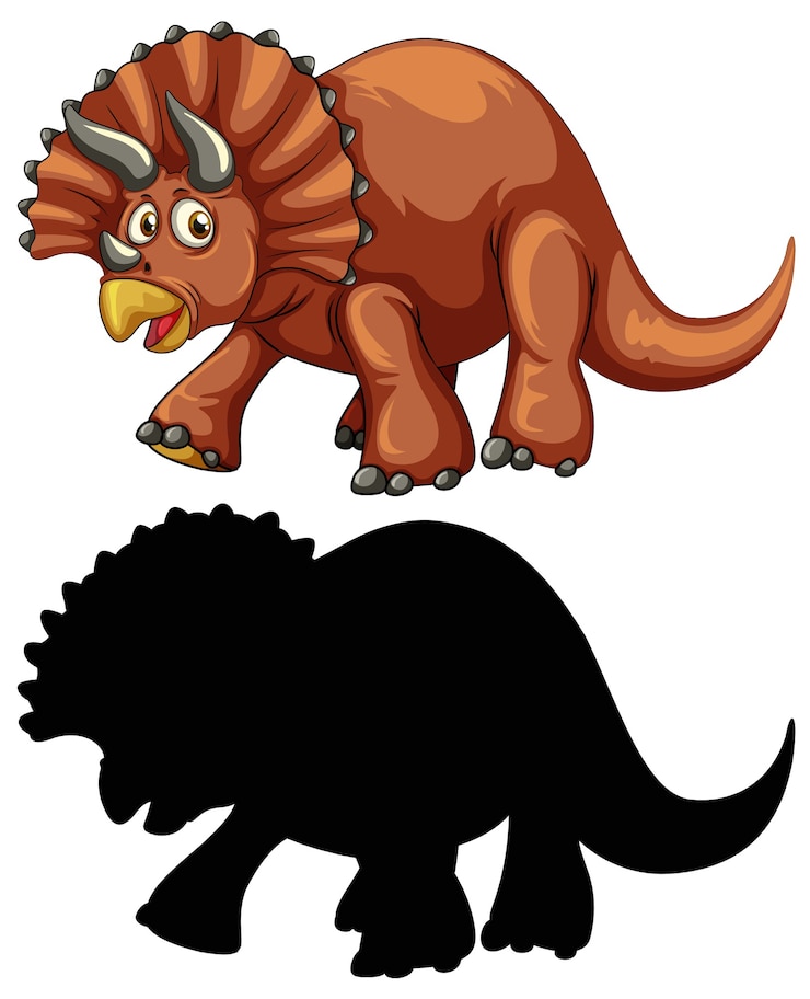 Vetor grátis conjunto de personagem de desenho animado de dinossauro e sua silhueta em fundo branco
