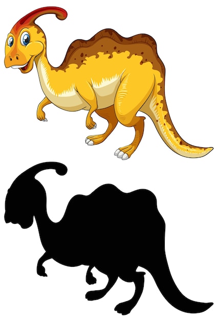 Vetor grátis conjunto de personagem de desenho animado de dinossauro e sua silhueta em fundo branco