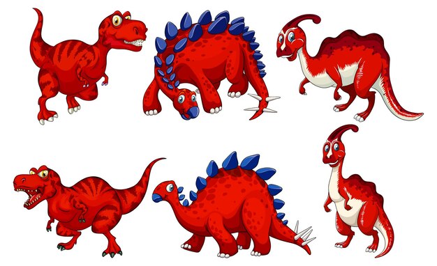 Conjunto de personagem de desenho animado de dinossauro vermelho