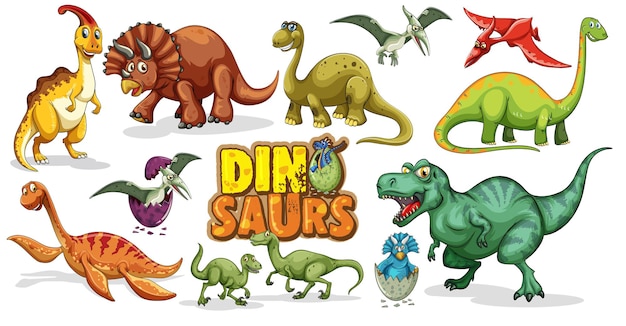 Vetor grátis conjunto de personagem de desenho animado de dinossauros isolado no fundo branco