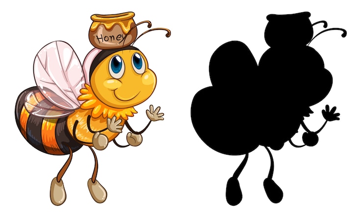 Vetor grátis conjunto de personagem de desenho animado de inseto e sua silhueta em fundo branco
