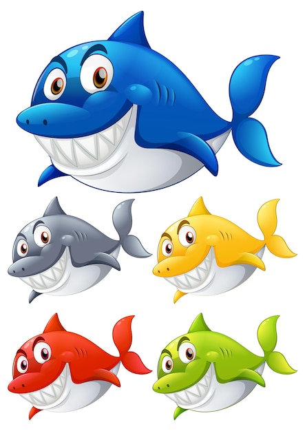 Conjunto de personagem de desenho animado sorridente de tubarão de cor diferente em fundo branco