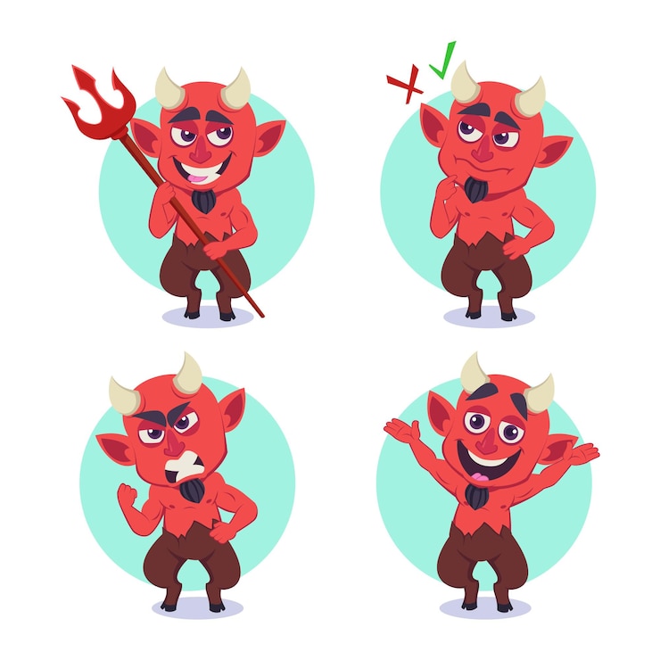 Vetor grátis conjunto de personagem do diabo de desenho animado fazendo escolha, segurando tridente, sorrindo e discutindo