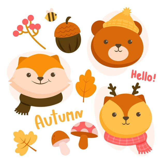 Conjunto de personagens animais com urso, veado e raposa