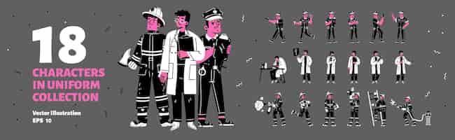 Vetor grátis conjunto de personagens bombeiro polícia e médico