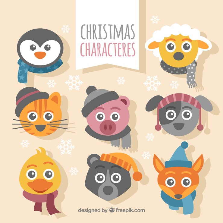 Vetor grátis conjunto de personagens de animais de natal de oito