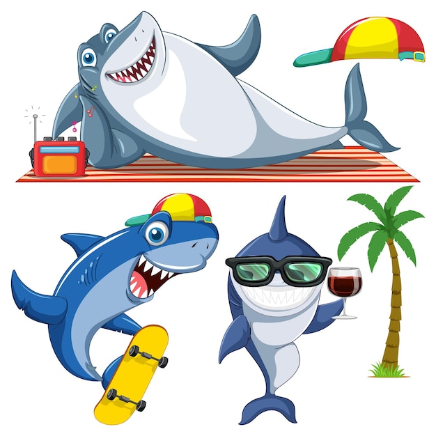 Vetor grátis conjunto de personagens de desenho animado de criaturas marinhas no verão