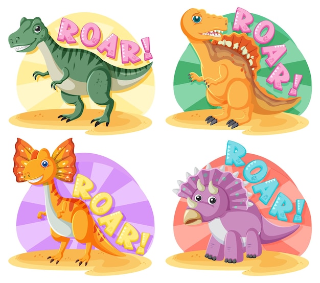 Vetor grátis conjunto de personagens de desenhos animados de dinossauros fofos