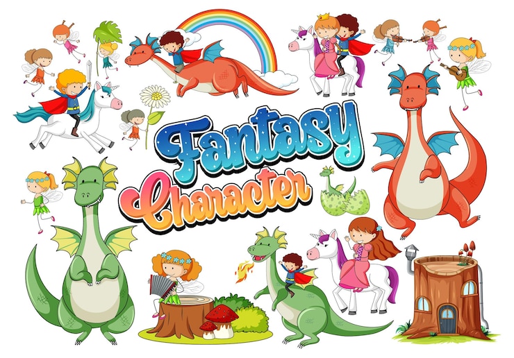 Vetor grátis conjunto de personagens de desenhos animados de fantasia
