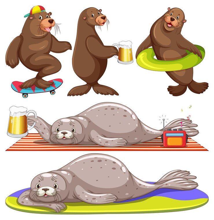 Vetor grátis conjunto de personagens de desenhos animados de focas no verão