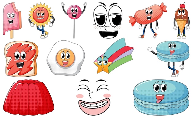 Conjunto de personagens de desenhos animados de objetos e alimentos