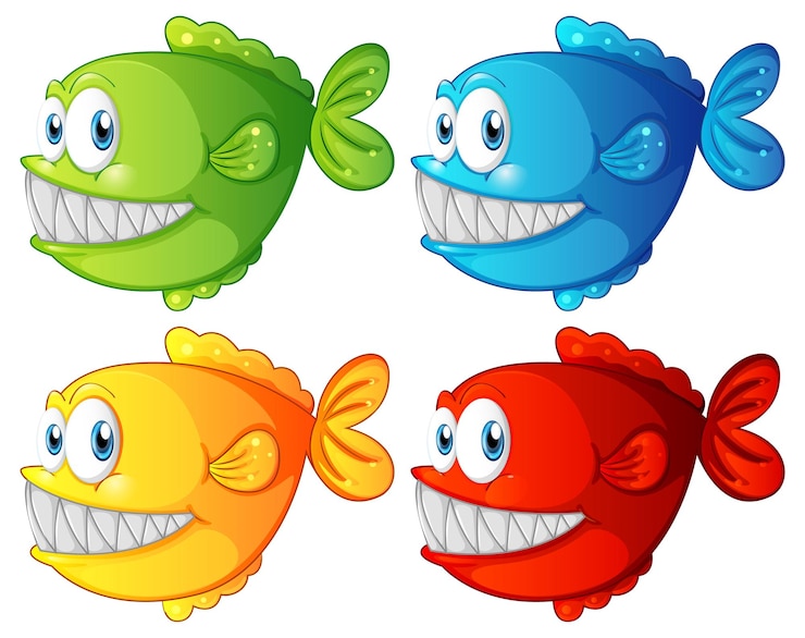 Vetor grátis conjunto de personagens de desenhos animados de peixes exóticos de cores diferentes em fundo branco