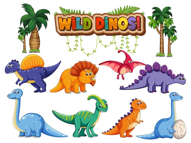 Vetor grátis conjunto de personagens de desenhos animados de vários dinossauros isolados em fundo branco