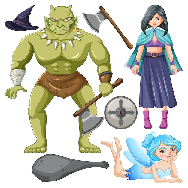 Vetor grátis conjunto de personagens de desenhos animados encantados com fantasia