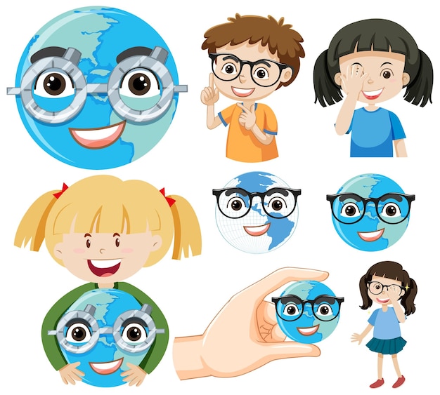 Conjunto de personagens de desenhos animados infantis com problemas nos olhos