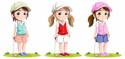 Vetor grátis conjunto de personagens de desenhos animados para meninas golfistas