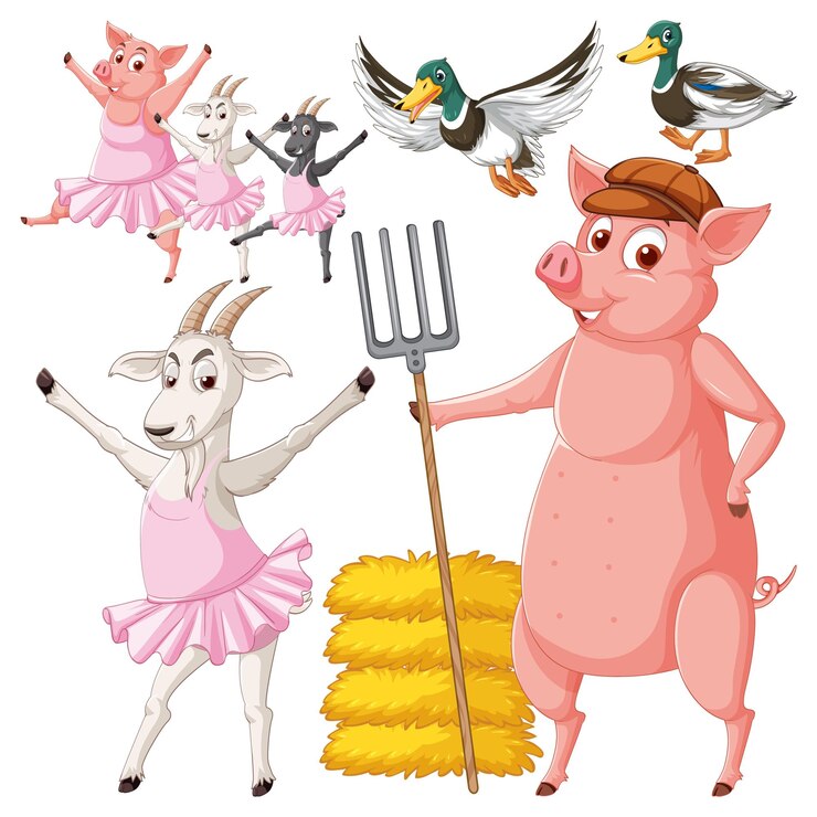 Vetor grátis conjunto de personagens de fazenda de animais misturados